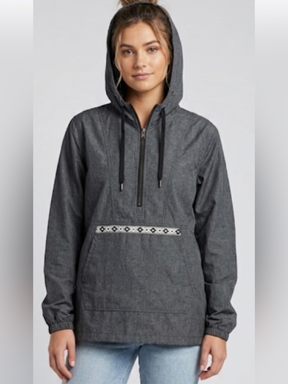 Zine Black Hooded Rain Jacket Lightweight Zip Front Streetwear Size Large